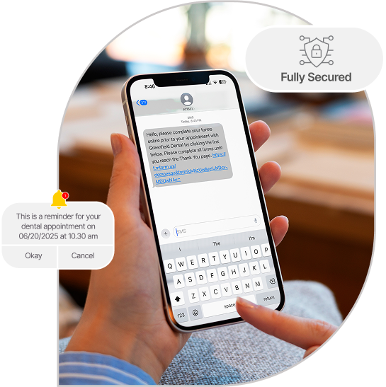 Smartphone showing appointment reminder interface with text message and keyboard