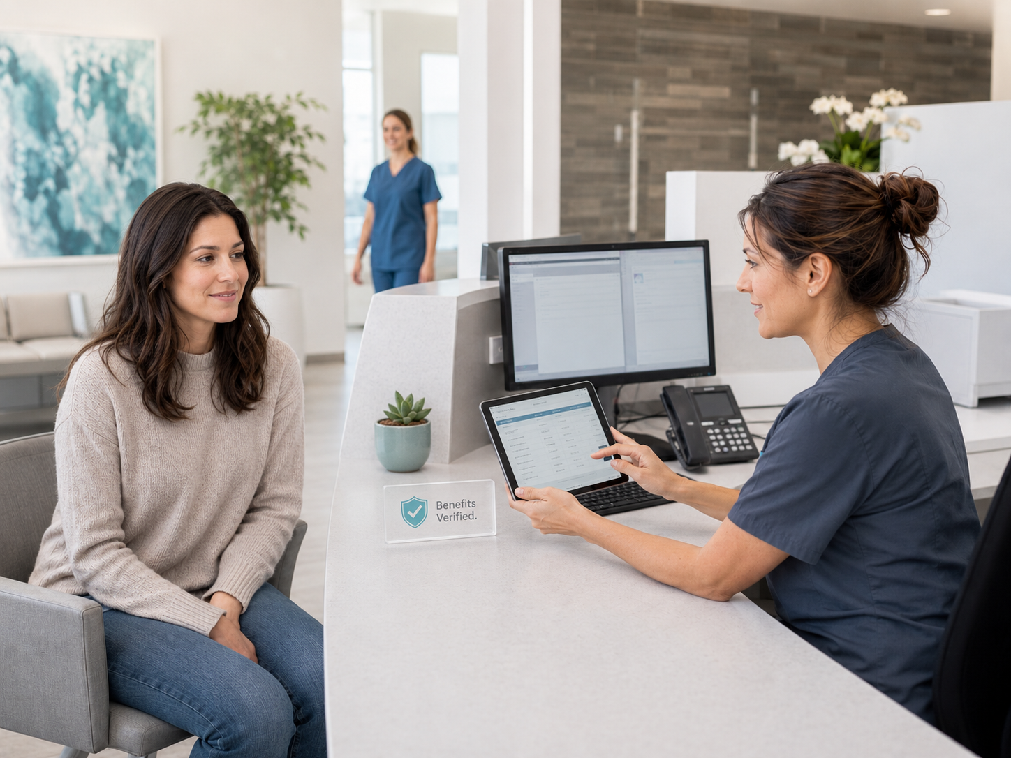 Verified benefit breakdown ready in the practice management system before the patient arrives