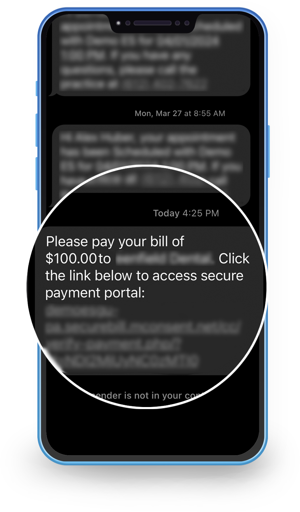 Patient receiving a text message payment link from their dental practice