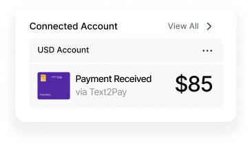 Connected account showing an $85 payment received via Text2Pay