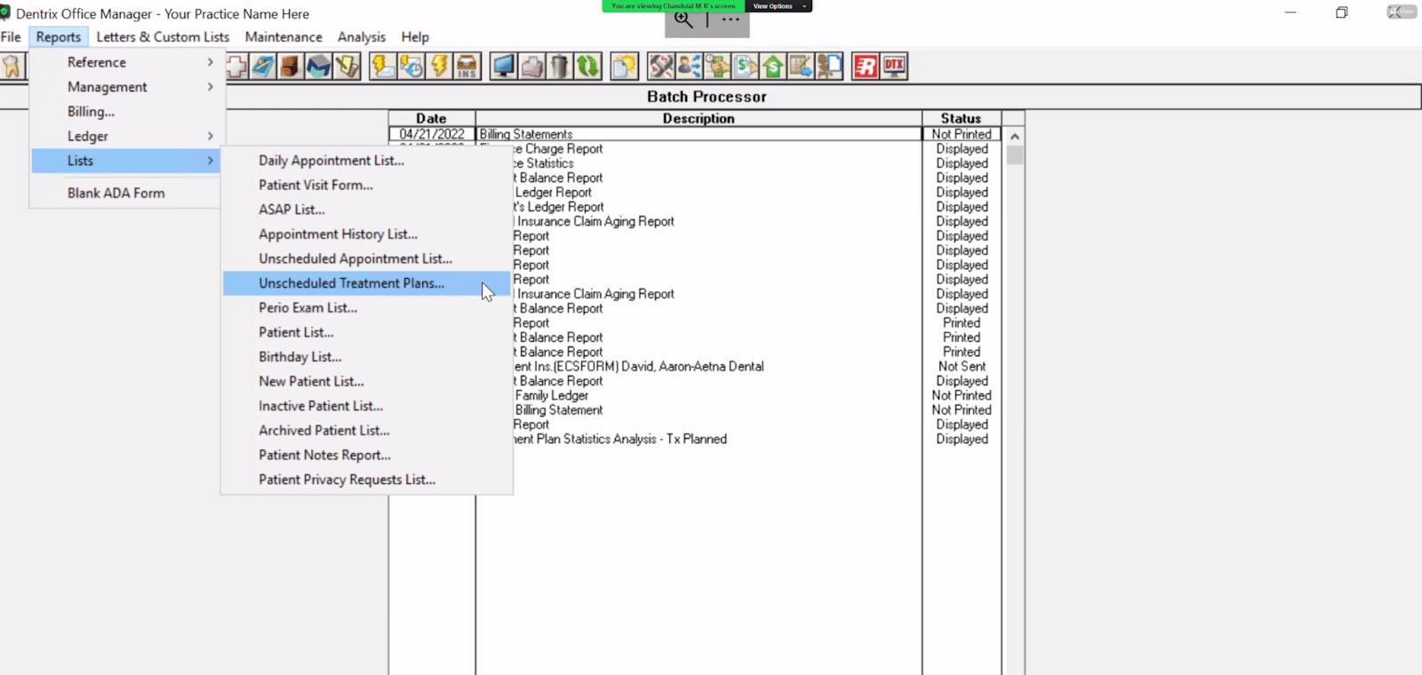 Start in Office Manager Module, CLick on LIsts - Unscheduled Treatment Plans