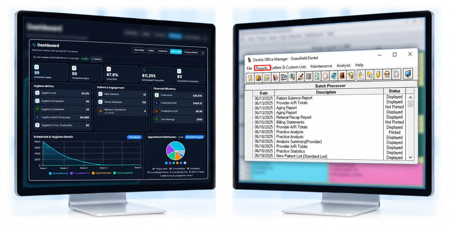 Your Dentrix numbers, live — mConsent and Dentrix screens