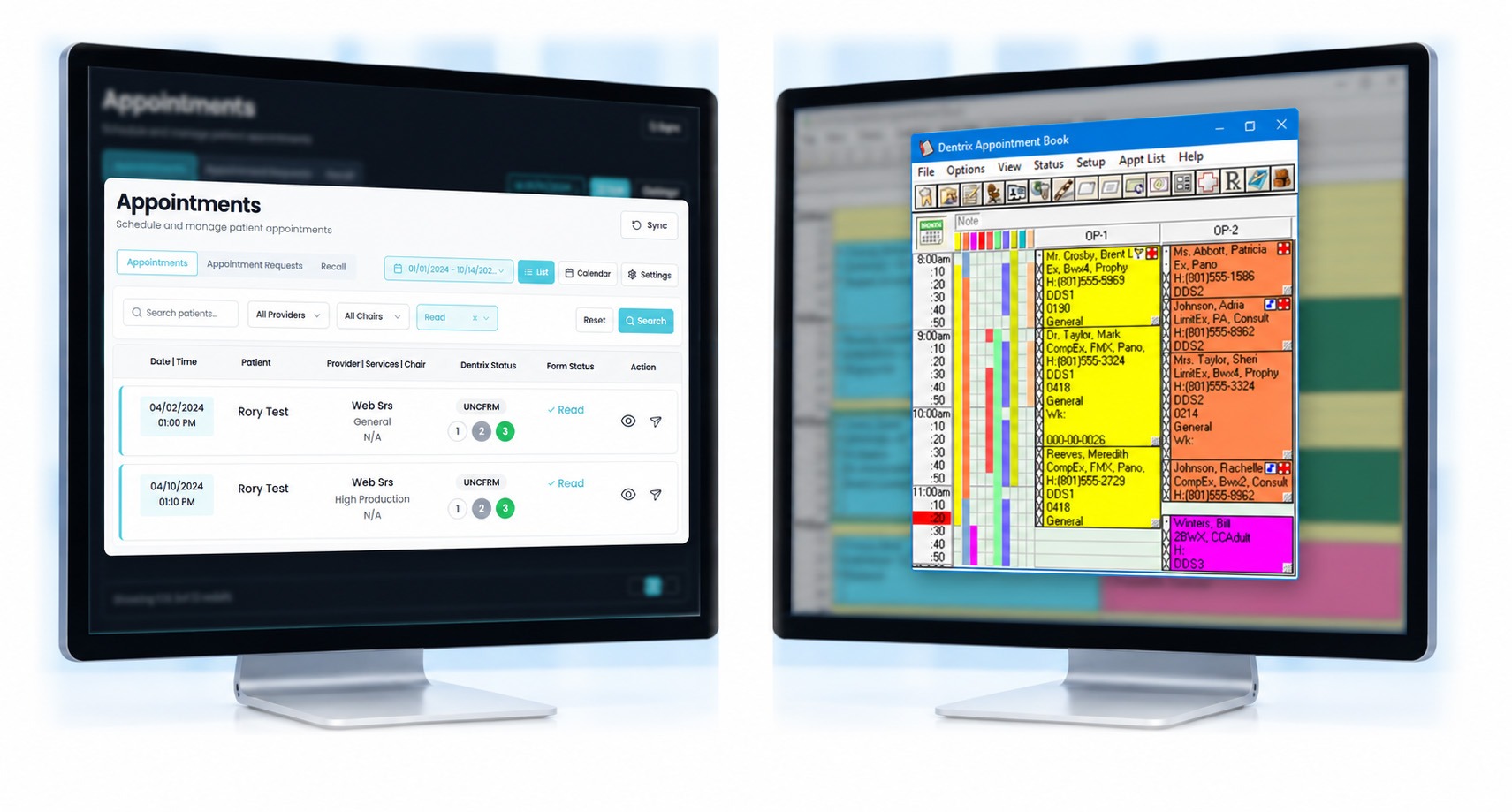 The schedule, always current — mConsent and Dentrix screens