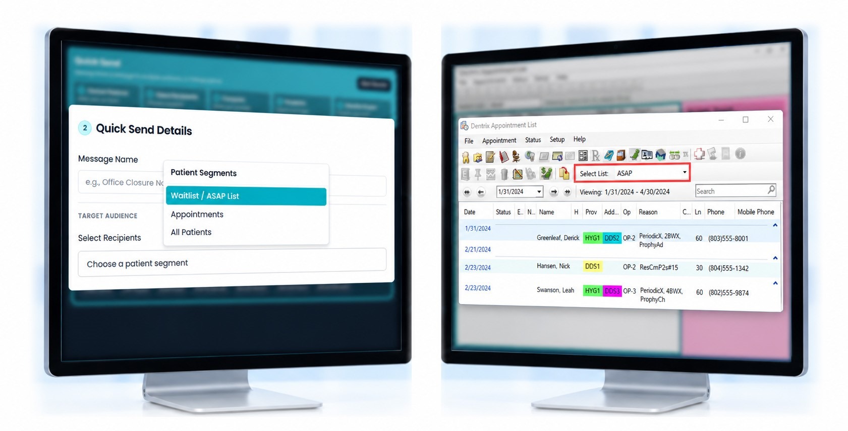 Fill openings from your ASAP list — mConsent and Dentrix screens