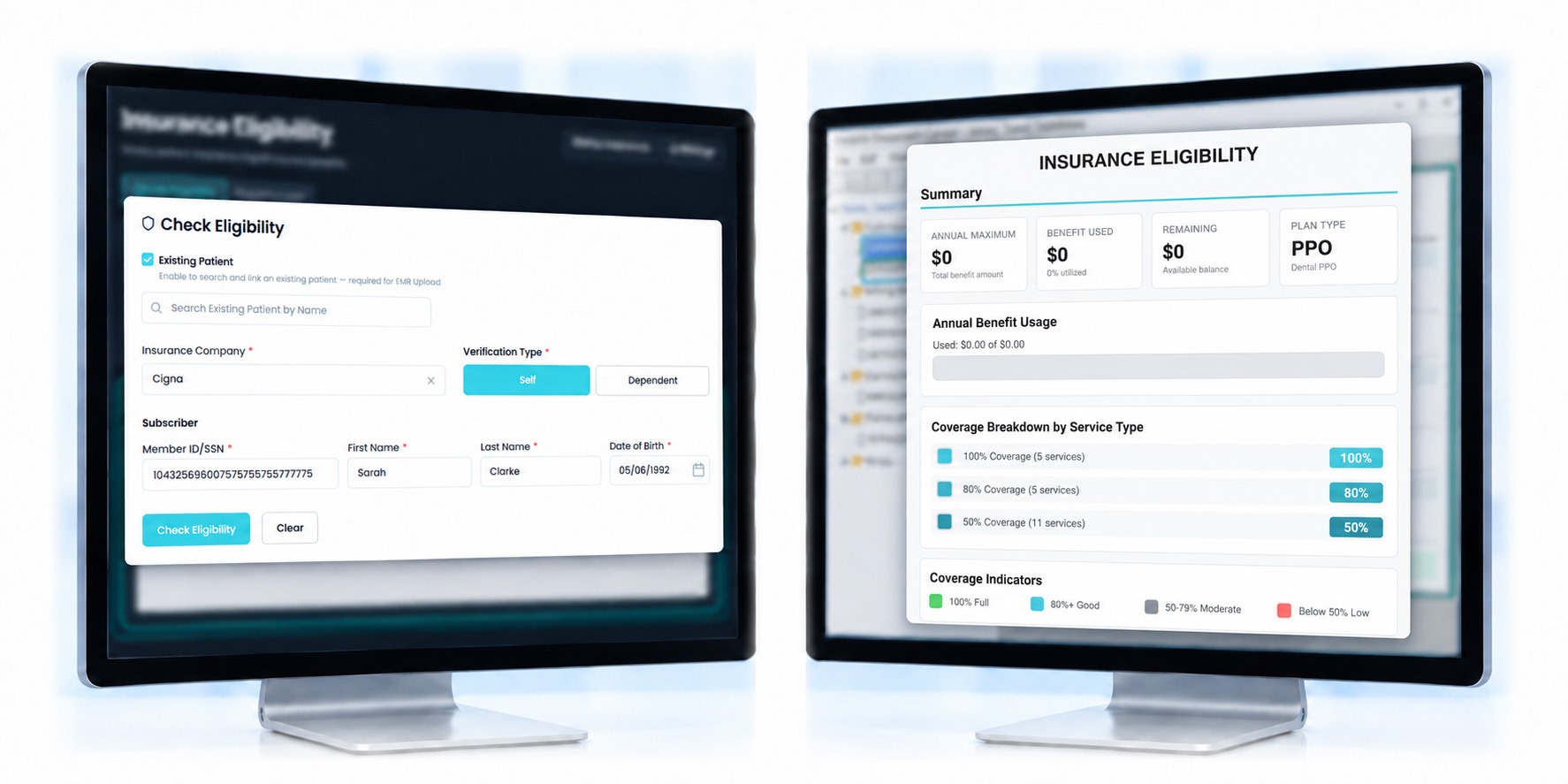 Coverage reports, filed to the chart — mConsent and Dentrix screens