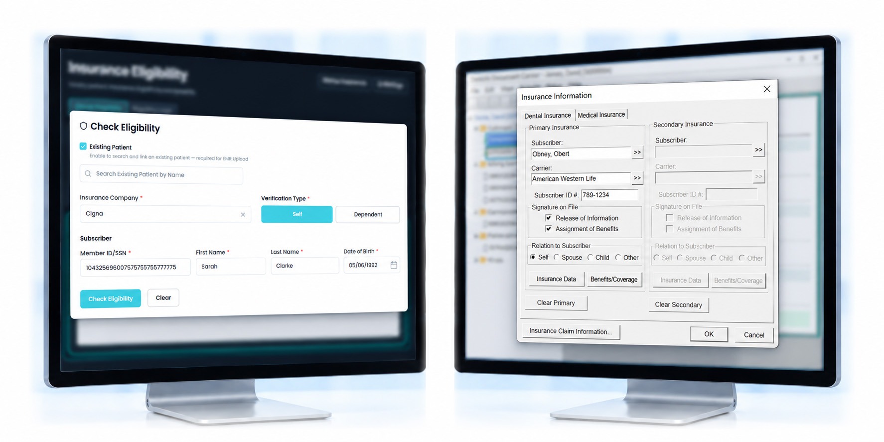 Insurance, verified and filed — mConsent and Dentrix screens