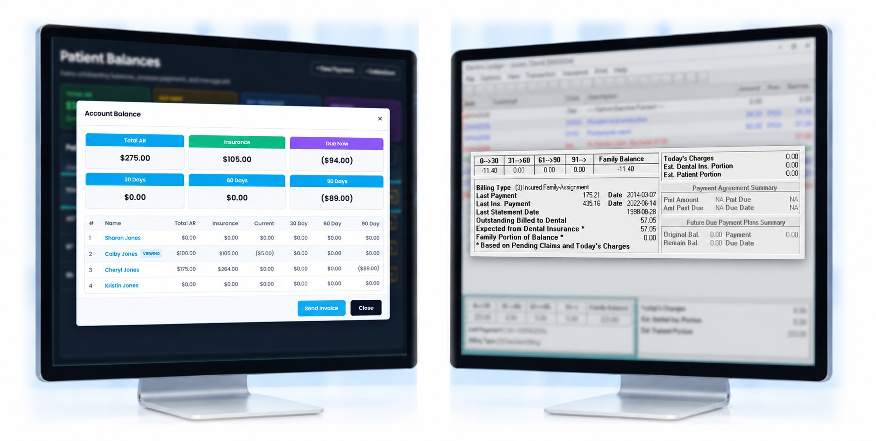 Balances, ready to collect — mConsent and Dentrix screens