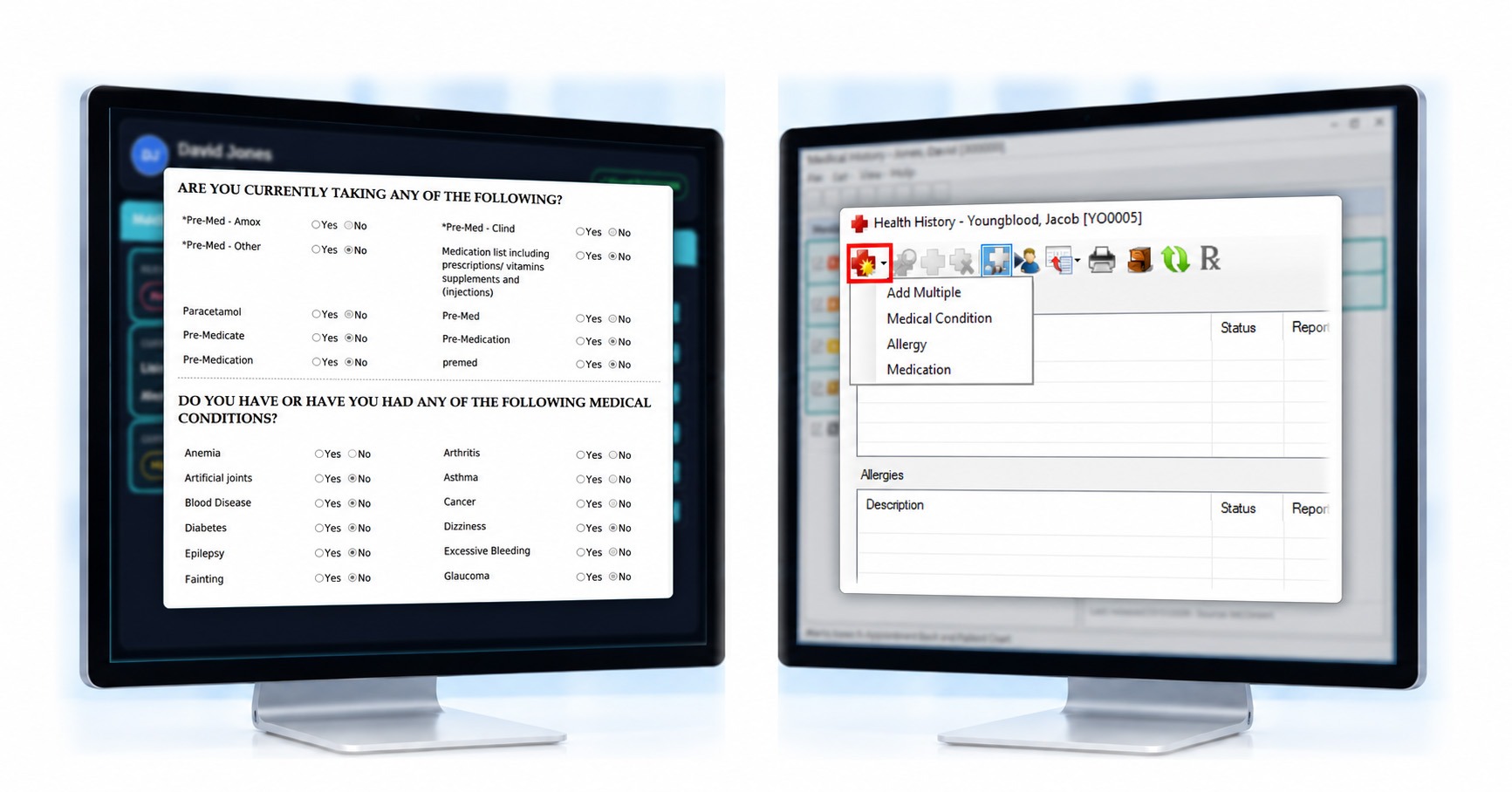 Medical alerts, ready before the visit — mConsent and Dentrix screens