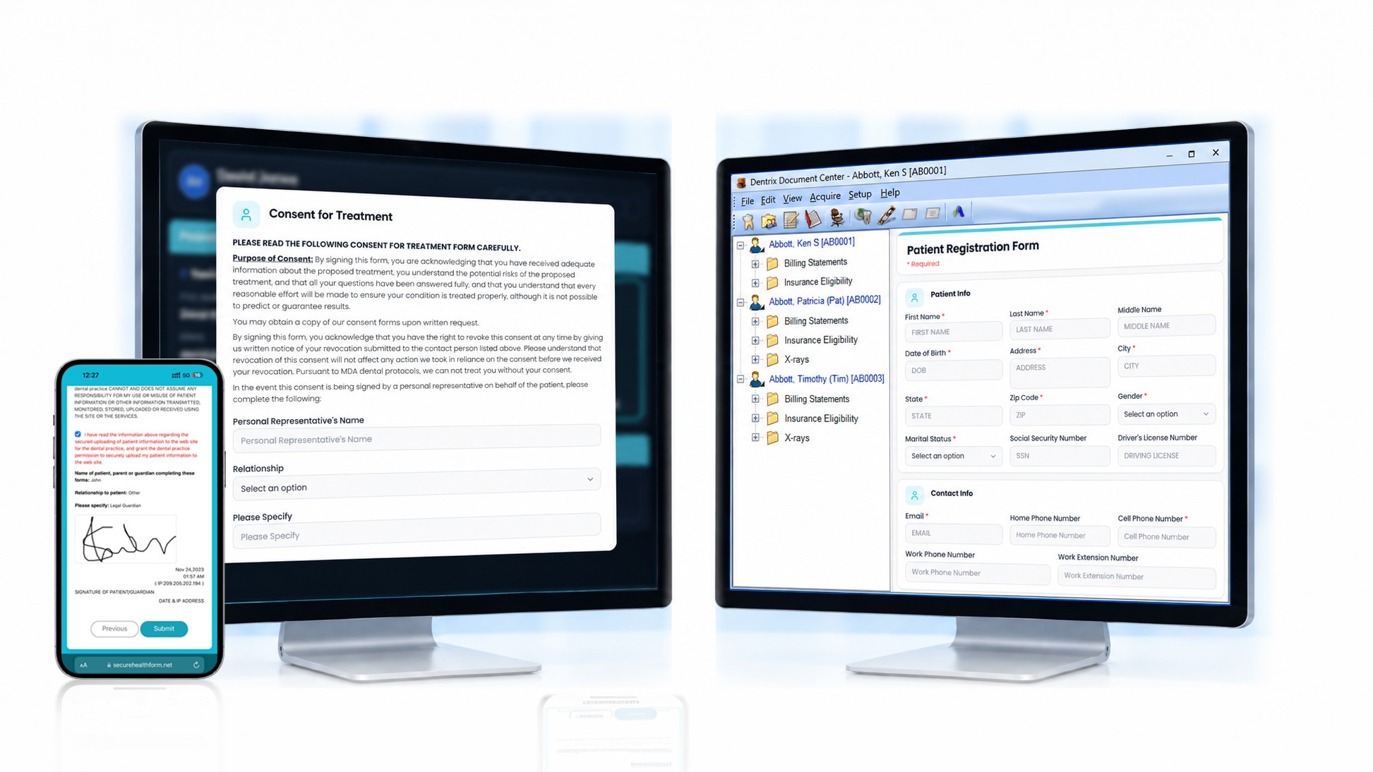 Every form, filed automatically — mConsent and Dentrix screens