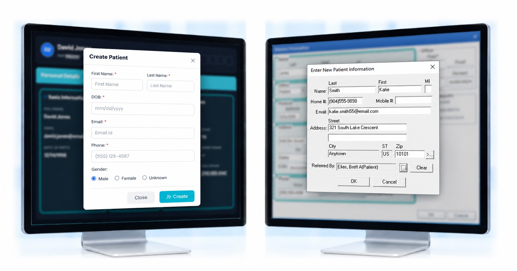 New patients, created for you — mConsent and Dentrix screens